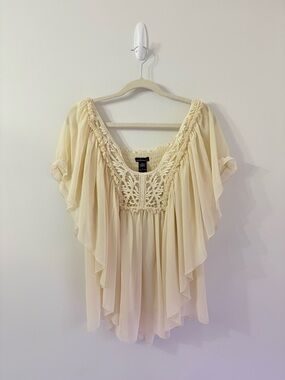 VTG Y2K Fairycore Whimsigoth Top Cream Crochet Flowy Chiffon Sz L Boho Hippie